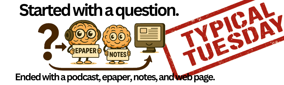 Cartoon illustration of a cheerful character surrounded by icons representing a podcast, ePaper, notes, and a webpage. The caption reads: ‘Started with a question. Ended with a podcast, ePaper, notes, and a landing page. Typical Tuesday.